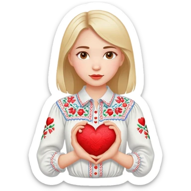beautiful young girl in a white Ukrainian embroidered shirt clutching a large embroidered heart sticker