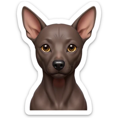 Cinematic Noble Xoloitzcuintle dog Portrait Emoji, Poised and regal, with a sleek, muscular build and smooth, hairless ebony skin accented by subtle wrinkles, deep-set soulful dark eyes, Simplified yet sharp and sophisticated features, highly detailed, glowing with a soft, dignified glow, high shine, intelligent and loyal, stylized with an air of ancient grace, focused and attentive, soft glowing outline, capturing the essence of a watchful and confident guardian, so majestic it feels as though it could stride out of the screen with effortless authority! sticker