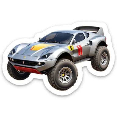 Satan’s RedBull Ferrari -colored Dirty and dented Local Motors Rally Fighter off road race car hot rod trophy truck-style basher flying on a dusty road (silver wheels) sticker