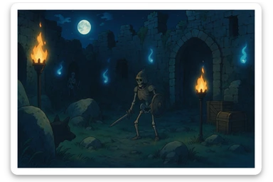 midnight within the ruins of abandoned castle yard, protrude boulders, amid iron torches and crates tucked behind, skeleton warriors, wisps, and wolves linger just in the edge of view behind scenery, very subtly, appearing safe with hidden threat sticker