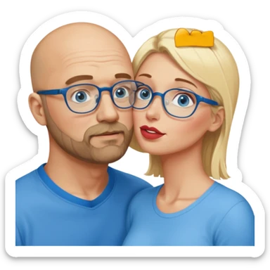 middle age bald man with heavy scruff, blue eyes and glasses.  Kissing blonde woman with blue eyes, the woman does not have glasses on sticker