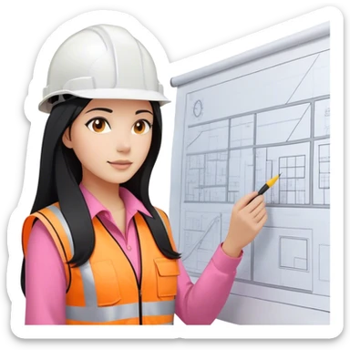 Female civil engineer with long black hair and white helmet wearing pink shirt and an orange safety vest looking at big drawing plan  sticker