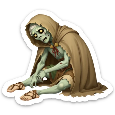 fullbody zombie leper in a prone pose, face down, with ancient sandals and ragged cloak, normal emoji style sticker