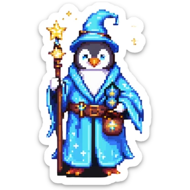 Penguin wizard with robe and magical stars sticker
