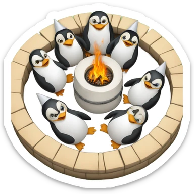 Penguins circling a fire pit while wearing all white duns caps sticker