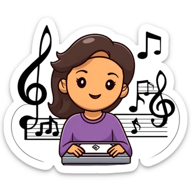 confident young morena woman, medium-brown skin, long straight dark brown hair, thick eyebrows, almond-shaped dark brown eyes, full lips, gentle smile, surrounded by musical notes, treble clefs, sound waves, dreamy colorful illustration, sticker-like white outline sticker