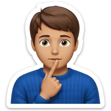 man in black knitted sweater in thinking pose, blue eyes brown hair, index finger touching his chin, eyes looking up to the top right sticker