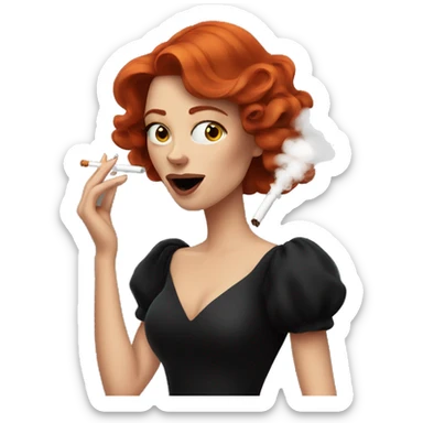 An elegant red-haired girl dressed in a black dress and smoking a cigarette. Smoke is coming out of her mouth sticker