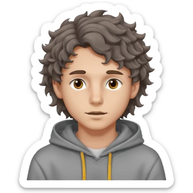 18 year old boy siren eyes good jawline with grey hoodie and long brown wavy curly wolf cut hair sticker