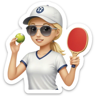 Girl with blond hair in a ponytail wearing a white baseball cap and sunglasses playing pickleball sticker