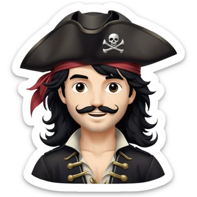 A charismatic pirate with wavy black hair tousled by the breeze. His silver-embroidered tricorn hat casts a shadow. He turns slightly, dark eyes glinting with mischief as he looks to the side, a knowing smile on his lips sticker