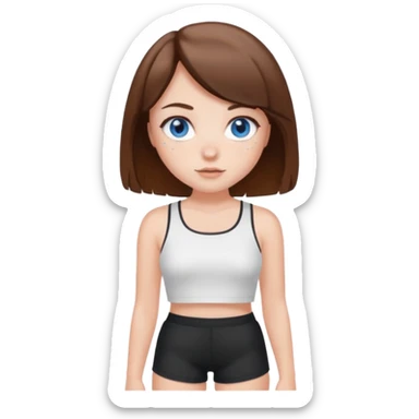 Brown haired girl with bob and blue eyes and freckles and white crop top and black shorts sticker