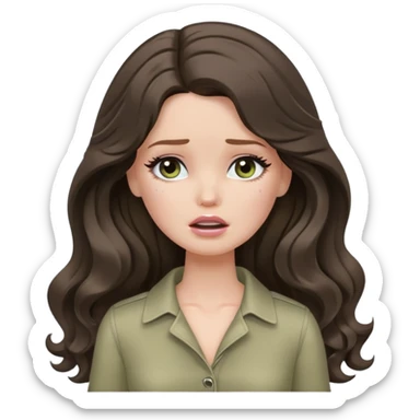 A white Barbie girl with long dark brown wavy hair in pale olive clothes crying sticker