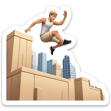 A person performing a parkour move, leaping between buildings or scaling a wall with agility and precision. The scene captures dynamic motion, showcasing strength, flexibility, and the thrill of urban acrobatics against an urban cityscape backdrop. sticker