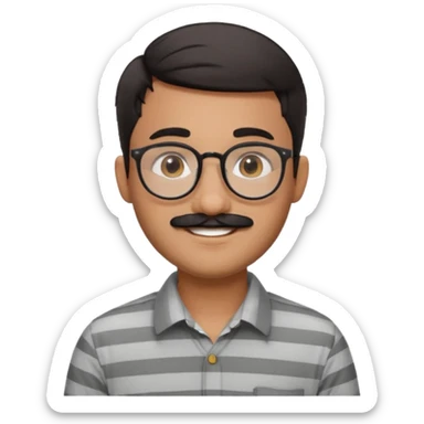 smiling young man with South Asian features, short dark hair, round glasses, thick black mustache, light grey striped collared shirt, cheerful, friendly and approachable, Apple emoji style, no background sticker