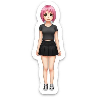 Full body Front view curvy emo girl pink hair sits on the floor straight view hands up black skirt белые трусики рваные полосатые чулки sticker