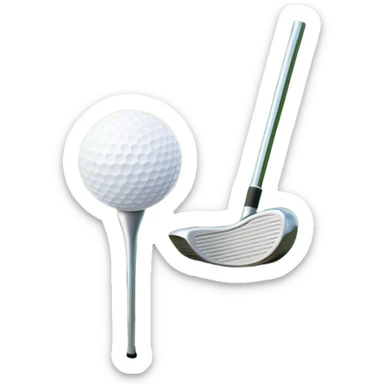 A golf ball on a tee with a golf club placed beside it, set against the backdrop of a well-manicured green golf course. The scene emphasizes the equipment and serene atmosphere of the sport, with soft lighting and a peaceful, open landscape sticker