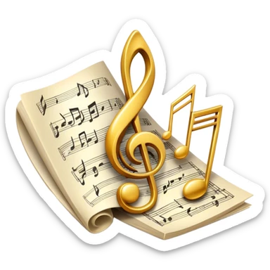 Create a bright and artistic emoji that represents music composition. The design should feature musical notes, a pencil or quill, and a sheet of music, symbolizing the creative process of composing a song. Add a touch of elegance with flowing lines to represent melody and rhythm. Use gold or silver tones for sophistication, and incorporate a mix of vibrant colors to convey creativity. The background should be transparent. sticker