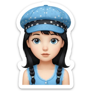 pinterst girl with heavy bang, black long hair and black pica dot newsboy cap on her hat, wearing baby blue color lace sleeveless  sticker