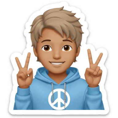 An indian boy in a light blue hoodie with wavy flow hairstyle showing peace sign sticker