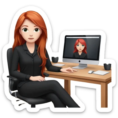 Video call therapy session: red-haired therapist with long hair wearing black minimalist clothing, seated in a professional home office, looking at the webcam; calm, modern teletherapy setting sticker