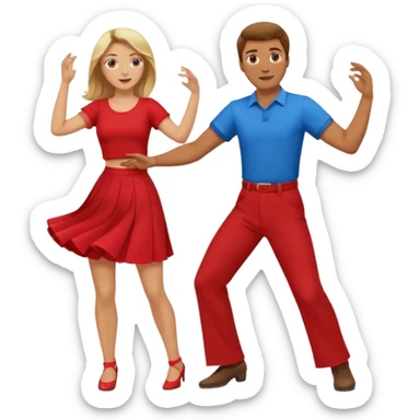 Two people dancing. Man in red shirt and  red pants with brown hair. Women in blue shirt and long skirt with blond hair. Dancing. sticker