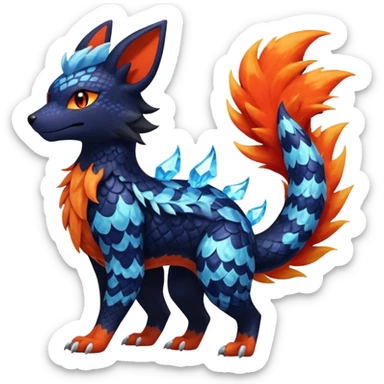 
Canine-Litten-Amaura-Salandit-Noibat-Flareon-Fakémon-fusion (full body) with intricate pattern markings sticker