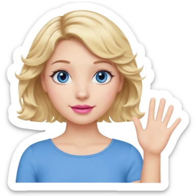 Girl Blonde short wavy hair,  blue eyes, cute blue top, long lashes, pink lips, waving hello  sticker
