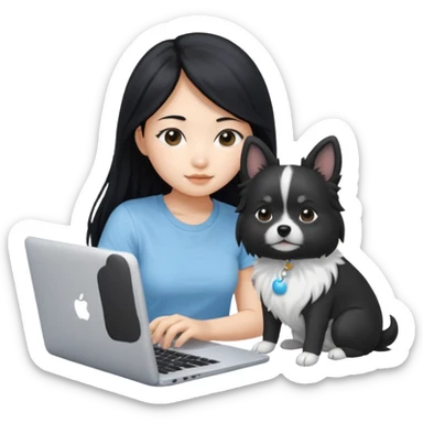 Asian girl with long black hair, wearing a light blue t-shirt, working on an Apple laptop, beside a small black and white dog sticker