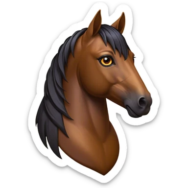Cinematic Noble Bay Horse Portrait Emoji, Poised and regal, with a strong, athletic build and a rich, well-groomed bay fur accented by a dark mane and tail, deep-set soulful amber eyes, Simplified yet sharp and sophisticated features, highly detailed, glowing with a warm, dignified glow, high shine, intelligent and majestic, stylized with an air of equine elegance, focused and attentive, soft glowing outline, capturing the essence of a watchful and confident steed, so majestic it feels as though it could gallop out of the screen with effortless authority! sticker