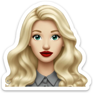 Russian Blonde long hair with big red lips small nose and black eyes Tiffany diamond seller in a grey suit sticker