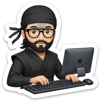 Man with black hair and beard wearing glasses in a ninja costume. Keep the top left version, make the beard longer and replace the sword on his back with a computer keyboard  sticker