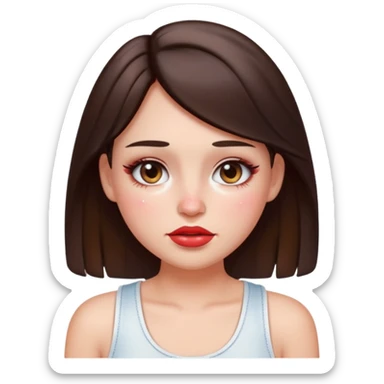 “Emoji brunette girl white tanktop, dewy skin, heavy blush across cheeks and nose bridge, glossy cherry lips, soft eyeliner, teary sparkling eyes like hanni from new jeans sticker