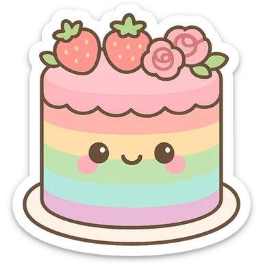 rainbow wedding cake with strawberries, pink roses, no topper, kawaii style sticker