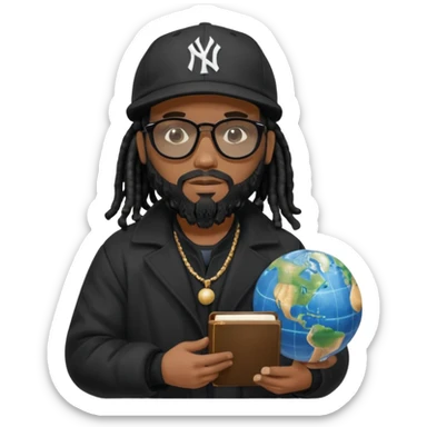 African American man with shoulder length black dreadlocks with black beard wearing black sunglasses wearing a black New York Yankees logo baseball cap wearing a black bubble winter coat holding a Bible and a Globe in his hands sticker