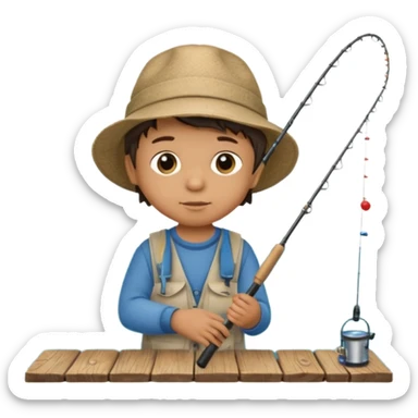 Little boy on the dock fishing, felt texture, scrapbooking sticker