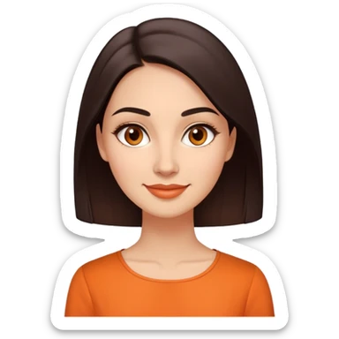 Young woman in her 30s with light skin, oval face, soft features, large dark brown eyes, medium eyebrows, small nose, friendly smile, long straight dark brown hair, wearing an orange elegant blouse sticker