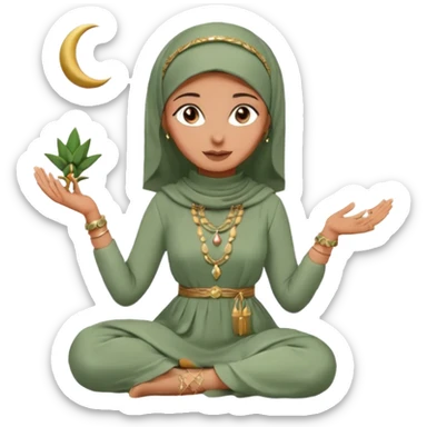 Aesthetic hijabi woman wearing sage green dress and Cartier jewelleries sitting down with crescent moon and ketupat sticker