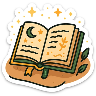  cute open book lying on a cozy surface, designed in a soft and magical color palette: golden orange (FA9B41), deep forest green (4A7C5C), warm taupe brown (96775A), and pastel peach (FFCC9A). The pages are slightly aged with gentle curves, featuring whimsical illustrations, tiny stars, and elegant handwritten text. The book cover, visible beneath the open pages, has decorative patterns and a ribbon bookmark in peach and green tones. Around the book, add soft light, a few leaves, or glowing sparkles, creating a dreamy, enchanted, storybook-like atmosphere. The overall mood is warm, magical, and gentle sticker