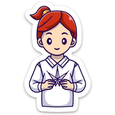 Ukrainian young girl in a white embroidered traditional shirt (vyshyvanka) holding origami paper crane sticker