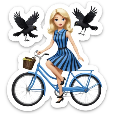 Blonde Silkstone Barbie enid sinclair from academy in blue and black vertically-striped classic dress riding bikes with crows sticker