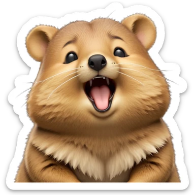 cinematic-realistic  yawning quokka-emoji,-small-round-frame, head tilted in an endearing manner, wouth wide open yawning, sleepy comical smile, fluffy cheeks, giant-fluffy-cheeks-large-smile-fluffy-brown-fur-radiating-a-warm-softness,-big-round-eyes-filled-with-joy, realistic round  fluffy zoomed in, large black eyes one paw raised in the air sticker