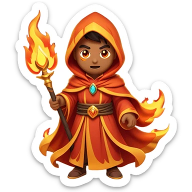 Clash of Clans aesthetic: Cinematic Ferocious Fire Mage Hero closeup Emoji, rendered in a 3D vector-style similar to standard emojis with minimal shading and bold, simplified shapes. A compact, isometric figure draped in flowing, charred and ember-lined robes, wielding a fiery staff crackling with intense flames. Eyes burning with an infernal glow, exuding raw, untamed power. Simplified yet unmistakably iconic, highly detailed and consistent, glowing with a fiery, molten radiance and high shine. Stylized with a touch of menacing sorcery and a searing, ember-infused outline, capturing the essence of a wrathful mage ready to unleash devastating fire magic! sticker
