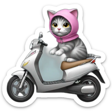 A gray stuffed cat. This cat is wearing a sleeveless sweater with a pink hood. He rides a manual scooter. sticker
