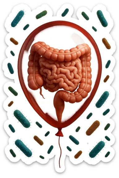 intestino umano anatomico chiuso in un palloncino rosso con batteri intestinali che fluttuano intorno, iperrealistico 4k sticker