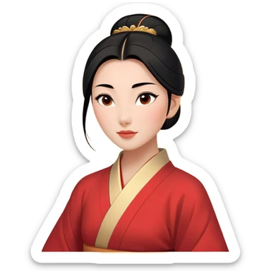 Cinematic Elegant Mulan Portrait Emoji, rendered in a flat, vector-style with minimal shading and bold, simplified shapes. Depict Mulan (chest and above) with warm, light-toned skin, almond-shaped eyes, and sleek black hair styled in a traditional bun. She wears a modest, traditional robe with subtle red and gold accents, glowing with a soft, refined radiance and high shine, capturing timeless beauty and inner strength. sticker