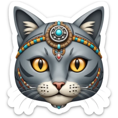 cat, wear tribal shaman cloth, half face robot sticker