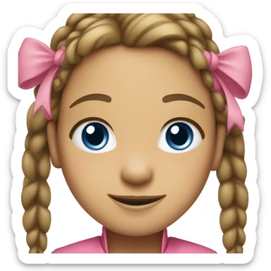 A girl with a smile, blue eyes, light skin, brown pigtails and two pink bows, in a yellow jacket sticker