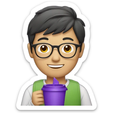 asian boy in specs with a purple cup sticker