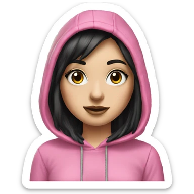 Hyperrealistic white girl with long black hair with a pink fringe and has eye makeup on, she is wearing a black and leopard print hoodie  sticker